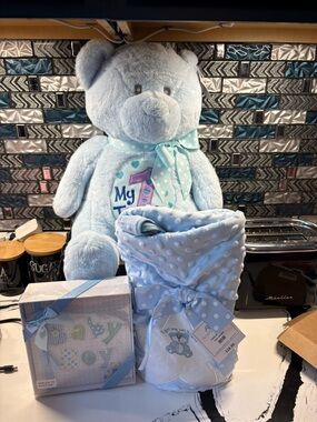 Plush Baby Blue Bear Gift Set with Polka Dot Blanket